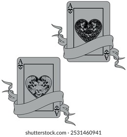 Poker cards with ribbons, with heart symbols, ribbon surrounding a Halloween style poker card