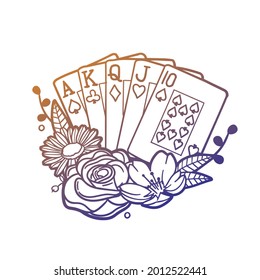 Poker Cards Rose Flower with Vintage Game Design. Gamble Floral Frame Ornament Vector Style. Decoration Design Wreath Illustration.