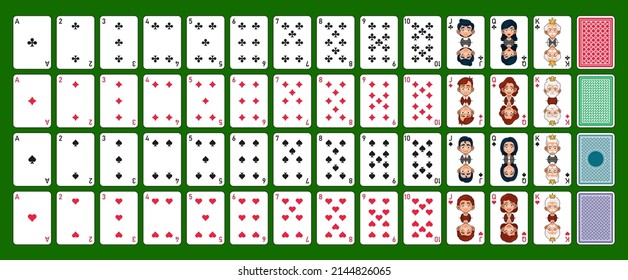 Poker Cards Set with Back on Green Background. Vector