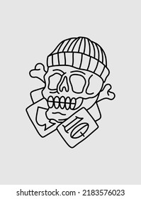 Poker cards with skull. Spades. line art.