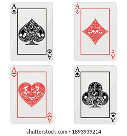 Poker cards with skulls, the symbols of heart, diamond, club and ace with different line styles.