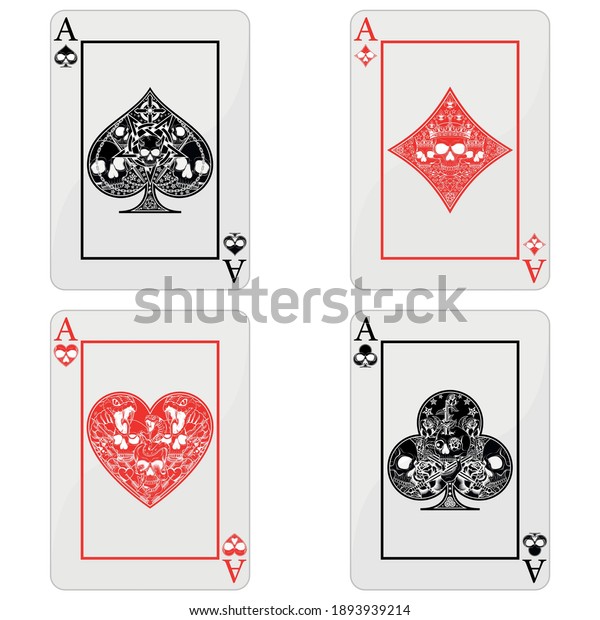 Poker cards with skulls, the\
symbols of heart, diamond, club and ace with different line\
styles.