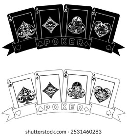 Poker cards surrounded with a ribbon, poker symbols of heart, diamond, club and ace with different skull designs
