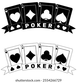 Poker cards surrounded with a ribbon, poker symbols of heart, diamond, club and ace