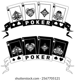 Poker cards surrounded with a ribbon, poker symbols of heart, diamond, club and ace with different skull designs