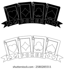 Poker cards surrounded with a ribbon, poker symbols of heart, diamond, club and ace