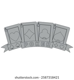 Poker cards surrounded with a ribbon, poker symbols of heart, diamond, club and ace