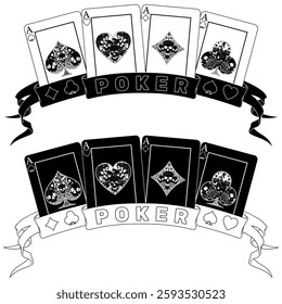 Poker cards surrounded with a ribbon, poker symbols of heart, diamond, club and ace with different skull designs