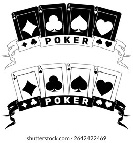 Poker cards surrounded with a ribbon, poker symbols of heart, diamond, club and ace
