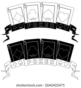 Cartões de poker cercados com uma fita, símbolos de poker de coração, diamante, clube e ás