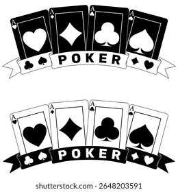 Cartões de poker cercados com uma fita, símbolos de poker de coração, diamante, clube e ás