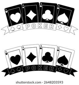 Cartões de poker cercados com uma fita, símbolos de poker de coração, diamante, clube e ás