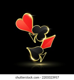 Símbolo de las tarjetas de póquer 3d. Cuatro razas de clubes de diamantes se balancean y los corazones vuelan. Colores rojo y negro. Icono aislado en fondo sólido. Concepto de juego de casino en línea. Ilustración vectorial.