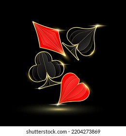 Poker cards symbol 3d. Four aces of diamonds clubs spades and hearts fly. Red and black colors. Icon isolated on solid background. Online casino gambling concept. Vector illustration.