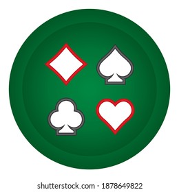 Poker Cards Symbols On The Button Vector Illustration. Suits Of Playing Cards Isolated On White Background. Spade, Clubs, Heart, Diamond