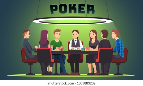 Poker Cards Tournament Evening. Six Professional Poker Players, Dealer Playing Sitting At Big Round Table. Holding Cards, Making Bets With Money Chips, Gambling. Flat Vector Character Illustration