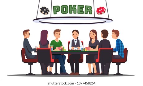 Poker Cards Tournament. Six Professional Poker Players And Dealer Playing Sitting At Big Round Table. Holding Cards, Making Bets With Money Chips, Gambling. Flat Vector Character Illustration