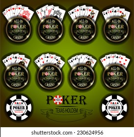 Poker cards. Vector background. Poker and casino label. Texas holdem. All-in.