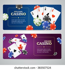 Poker Casino Banner Set with Cards and Chips. Vector illustration