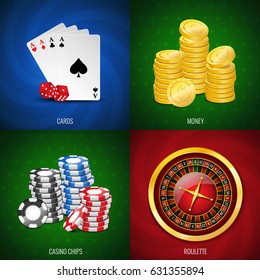 Poker Casino banner set with roulette, chips, gold coins and cards. Vector illustration with place for your text and button playing now.