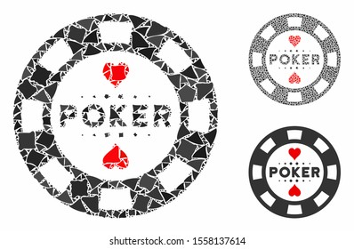 Poker casino chip composition of rugged elements in variable sizes and color tints, based on poker casino chip icon. Vector tremulant elements are united into collage.