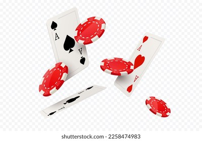 Poker casino chip flying card vector isolated background. Red gamble poker casino chip design concept illustration