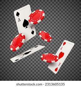 Poker casino chip flying card vector isolated transparent background. Red gamble poker casino chip design concept illustration