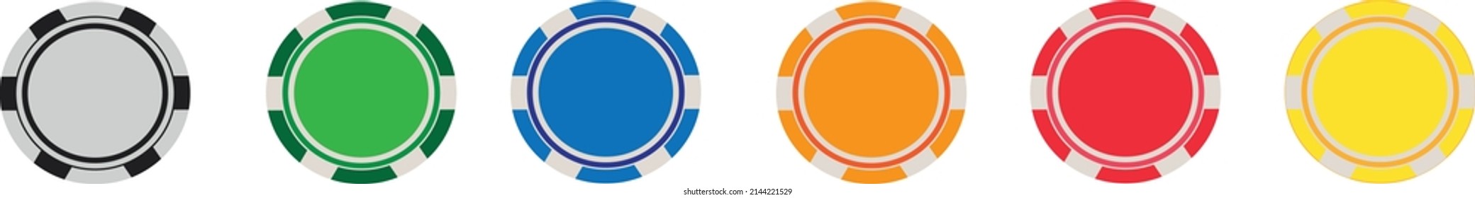 Poker and casino chip. Gamble logo. Icon of token for poker. Blackjack coin. Macau icon. Equipment of top gambling. Graphic for bet of roulette. Entertainment in vegas. Chips in front view. Vector.
