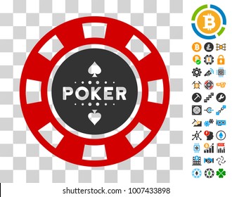 Poker Casino Chip icon with bonus bitcoin mining and blockchain design elements. Vector illustration style is flat iconic symbols. Designed for bitcoin apps.