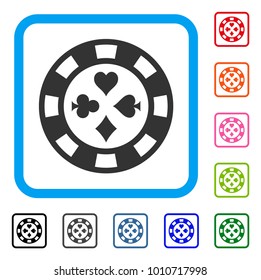 Poker Casino Chip icon. Flat grey iconic symbol inside a blue rounded rectangle. Black, gray, green, blue, red, pink color versions of poker casino chip vector. Designed for web and software UI.