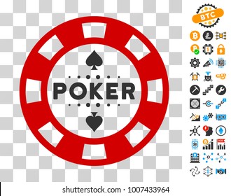 Poker Casino Chip pictograph with bonus bitcoin mining and blockchain design elements. Vector illustration style is flat iconic symbols. Designed for cryptocurrency apps.