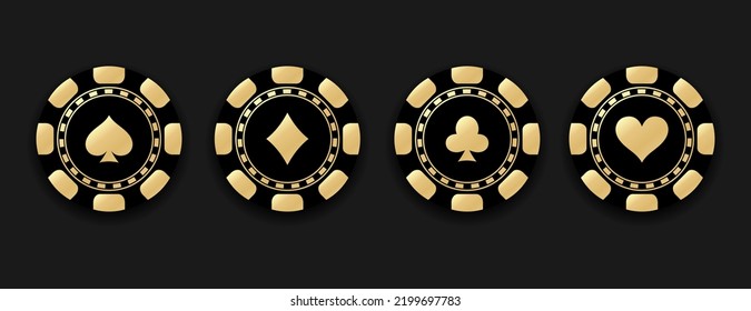 Poker and casino chips. Casino chips icon set. Black chips. Vector on isolated black background. Golden premium casino symbol chips