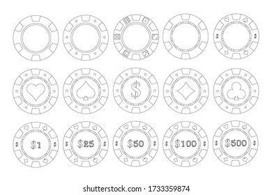 Poker casino chips icons set on white background. Simple set of poker casino chips vector icons for web design