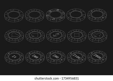 Poker casino chips icons set in 3d. Simple set of poker casino chips vector icons for web design
