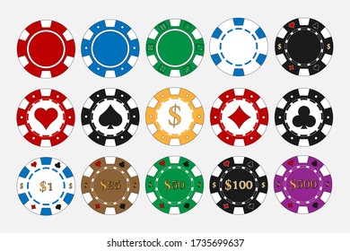 Poker casino chips icons set in different colors. Simple set of poker casino chips vector icons for web design