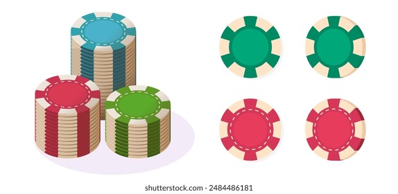 Poker casino chips pile and isolated cut out icon vector image clip art graphic illustration set 3d and flat cartoon, red green blue gamble game coins money on white background