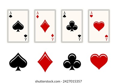 Poker and casino. Classic four aces on white background. Suit deck of playing cards on white background. Vector illustration.