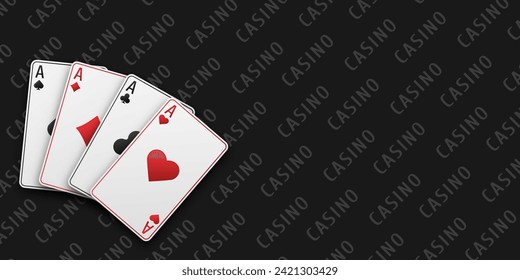 Poker and casino concept. Hand fan of playing cards consisting of four white Ace of Spades, Diamonds, Clubs, Hearts. Vector illustration on a black table.