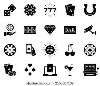 Poker Casino Gamble Game Black Silhouette Icon. Play Gambling Card Glyph Pictogram. Bet Lottery Jackpot 777 in Vegas Flat Symbol. Casino Poker Betting Chip Sign. Isolated Vector Illustration.