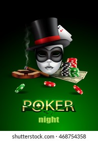 Poker Casino Poster With Mask, Chips, Cards And Cigar.