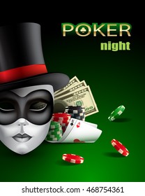 Poker Casino Poster With Mask, Chips, Cards And Money.