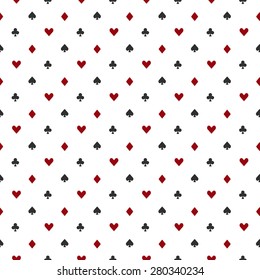 Poker or casino seamless pattern - vector white background with red and black playing card suits