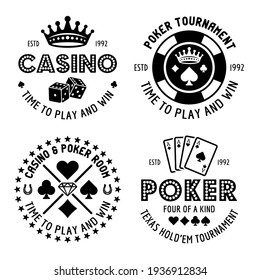 Poker and casino set of four vector monochrome typographic gambling emblems, labels, badges or logos in vintage style isolated on white background