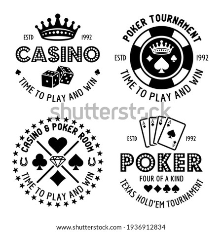 Poker and casino set of four vector monochrome typographic gambling emblems, labels, badges or logos in vintage style isolated on white background