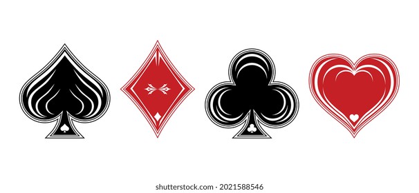 Poker and casino suit deck of playing cards on white background.