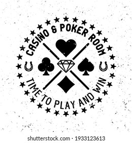 Poker and casino vector round gambling emblem, badge, label or logo on textured background