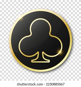 Poker chip in black with golden border on a transparent background with a suit of crosses. Clubs sign.