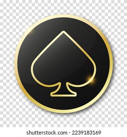 Poker chip in black with golden border on a transparent background with a suit of spade. Spades sign.