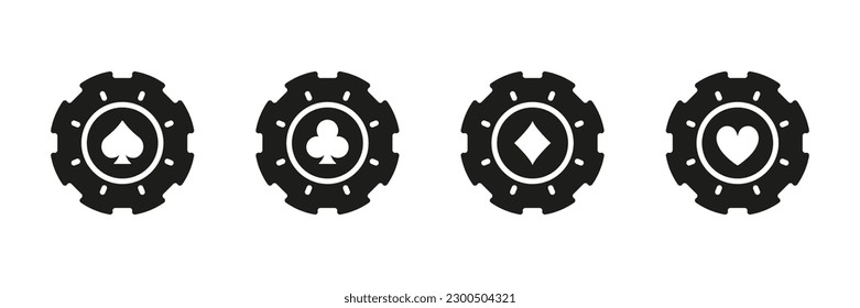 Poker Chip Black Silhouette Icon Set. Lucky Game Suit for Casino or Roulette Glyph Pictogram. Gamble Betting Chip Sign. Fortune Game, Gambling Bet Flat Symbol Collection. Isolated Vector Illustration.