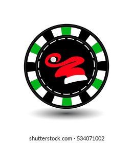 Poker chip Christmas. Green. Cap of Santa Claus in the middle. Illustration vector. Use for the site, printing, paper, cloth, decoration, design etc